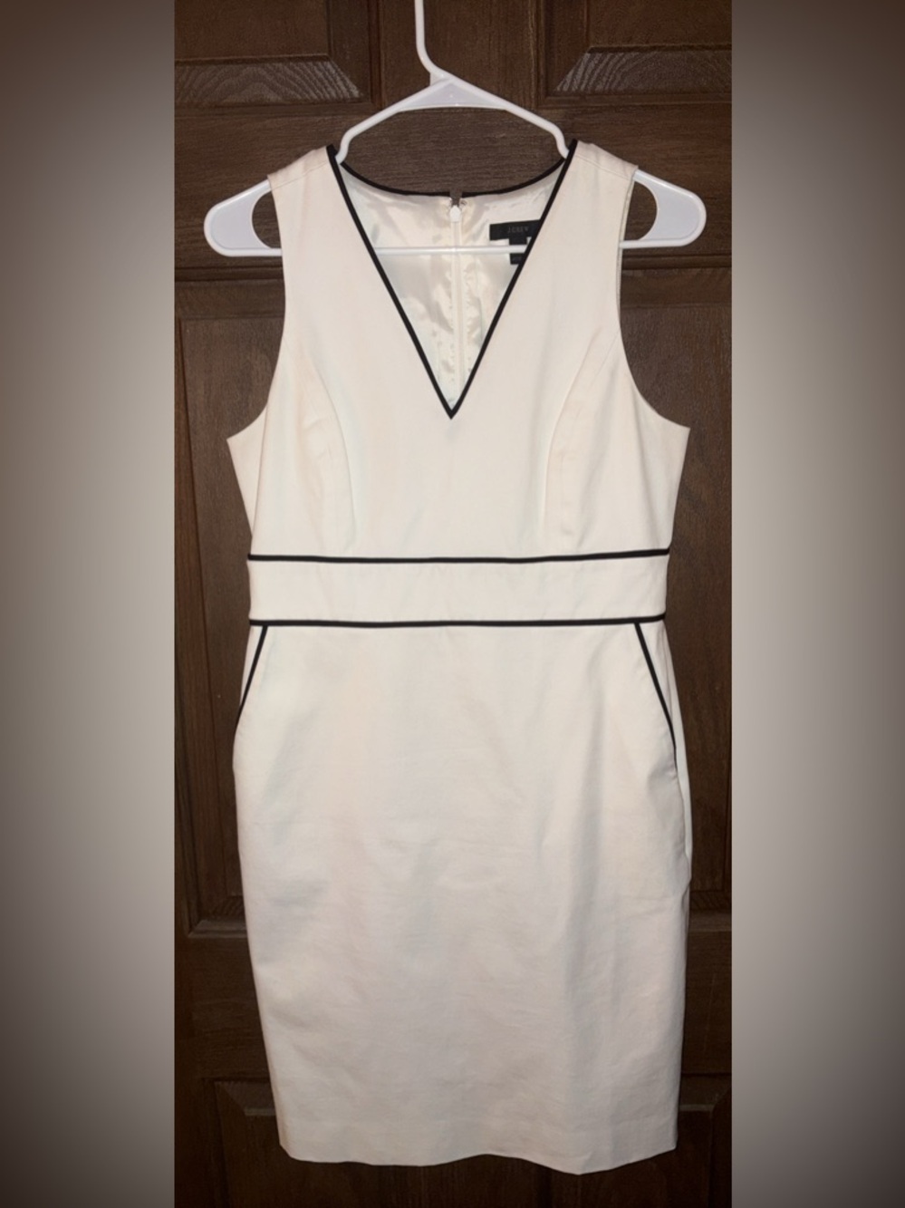 J. Crew Cream Midi Sheath Dress with Black Piping